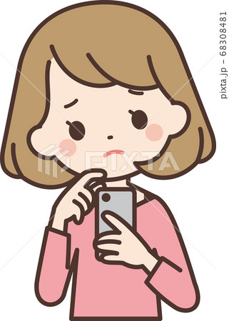 スマホを持つ困り顔の女性のイラスト素材 スマホを持つ困り顔の女性のイラスト素材