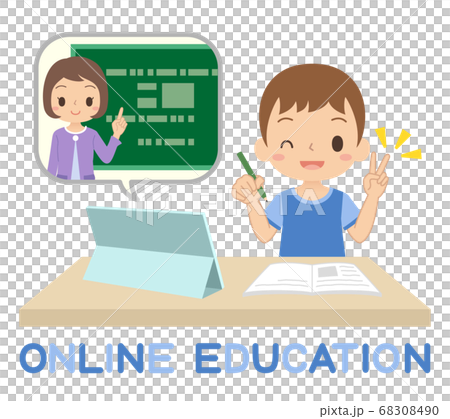 Boy studying online using a tablet Online class peace sign illustration 68308490