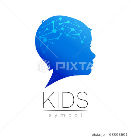 Child blue logotype in vector with brain. Silhouette profile human head. Concept logo for people, children, autism, kids, therapy, clinic, education. Template symbol, modern design isolated on white Child blue logotype in vector with brain. Silhouette profile human head. Concept logo for people, children, autism, kids, therapy, clinic, education. Template symbol, modern design isolated on white 68308601