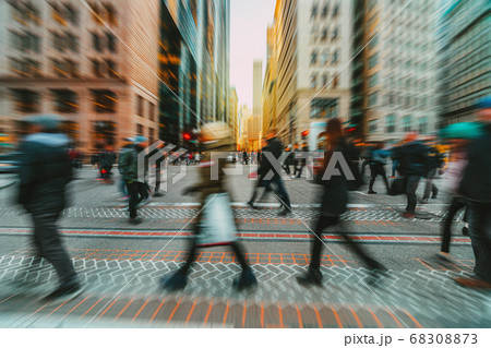 Blurred Crowd of unrecognizable business people walking on Zebra crossing in rush hour working day, Boston, Massachusetts, United States, blur business and people, lifestyle and leisure of Pedestrian concept 68308873