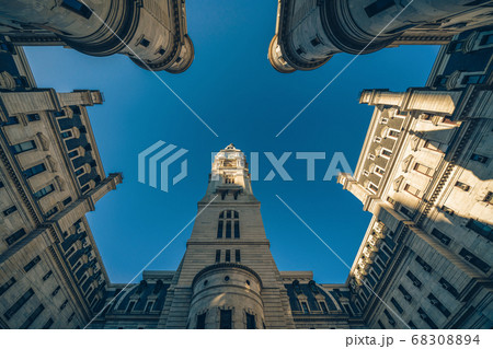 Uprisen angle of Philadelphia city hall with historic building over blue sky background, Pennsylvania, USA or United States of America, Architecture and building, Travel and Tourism concept 68308894