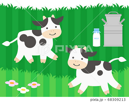 乳牛とミルク 草むらの背景のイラストセットのイラスト素材