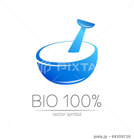 Vector mortar and pestle blue symbol logo. Ecology icon concept for medicine, vegetarian, therapy, pharmacology and business. Organic sign illustration. Modern logotype or label. 68309716