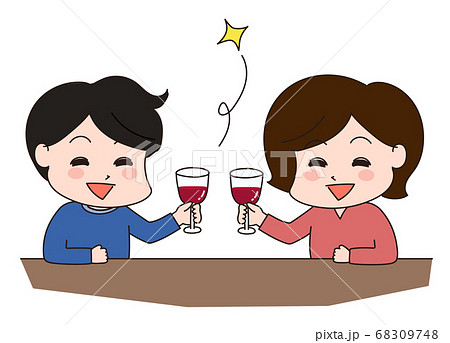 ワインで乾杯する若い男女　イラスト 68309748