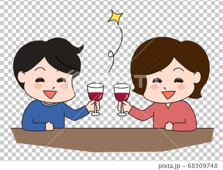 ワインで乾杯する若い男女　イラスト 68309748
