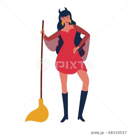 Beautiful witch with broom isolated on white background.Flat cartoon vector illustration. Design for Halloween Beautiful witch with broom isolated on white background.Flat cartoon vector illustration. Design for Halloween 68310037