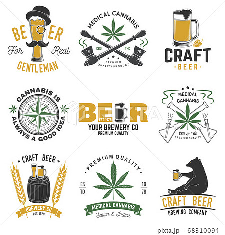 Set of medical cannabis and craft beer badge, label with skull, skeleton hand, smoking marijuana. Vector illustration. For weed shop, marijuana delivery, bar, pub 68310094