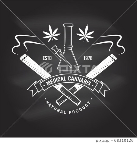 Medical cannabis badge, label with cannabis leaf and glass bong. Vector Vintage typography logo design with cannabis leaf and glass bong silhouette For weed shop, cannabis, marijuana delivery service 68310126