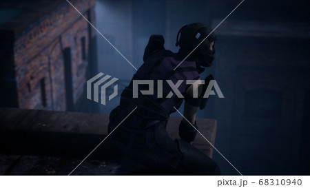 woman in the style of cyberpunk on the roof 68310940
