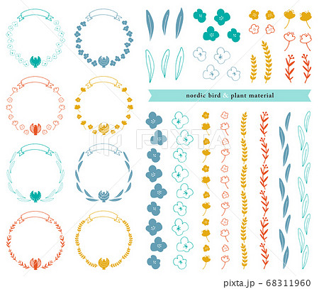 北欧風の鳥と植物のリング ライン素材のイラスト素材