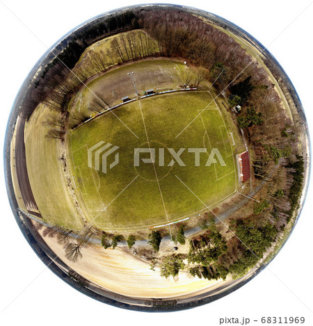 Spherical panorama from football field in a village 68311969