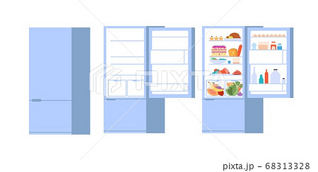 Food open fridge. Closed opened refrigerator, flat full and empty foods storage with doors. Isolated kitchen freezer vector illustration 68313328