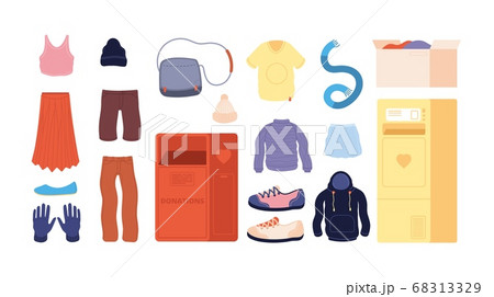 Clothes donation. Clothing recycling, colorful apparel second hand store. Containers for donate, old sweater dress for charity vector set Clothes donation. Clothing recycling, colorful apparel second hand store. Containers for donate, old sweater dress for charity vector set 68313329