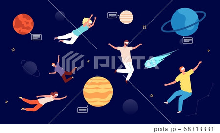 Travel in Universe. Virtual reality glasses entertainment, astronomy augmented reality game. Zero gravity people flying in space with planets 68313331