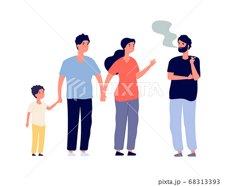 Passive smokers. Guy smoking in public place. Family with children and man with drug or nicotine addiction. Bad habit vector illustration Passive smokers. Guy smoking in public place. Family with children and man with drug or nicotine addiction. Bad habit vector illustration 68313393