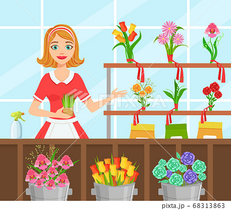 Flower Shop Cheerful Young Woman Florist In のイラスト素材