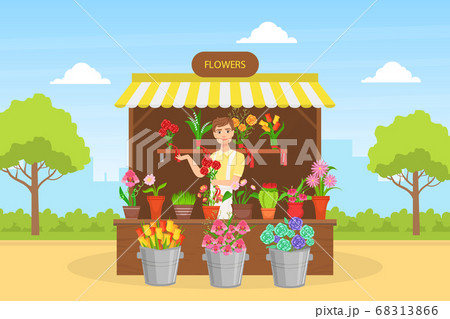 Cheerful Young Man Florist In Apron Selling のイラスト素材