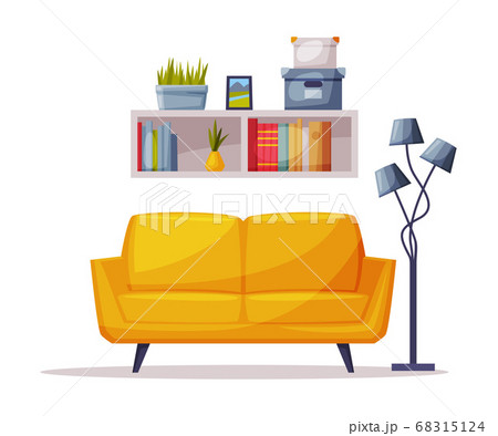 Modern Cozy Room Interior Design, Sofa, Bookshelf and Lamp Comfy Furniture Vector Illustration Isolated on White Background 68315124