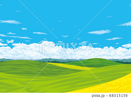 爽やかな青空と広大な丘陵の風景のイラスト素材