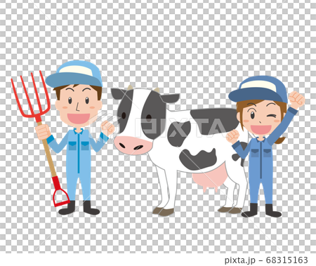 酪農家の男女と乳牛のイラスト素材