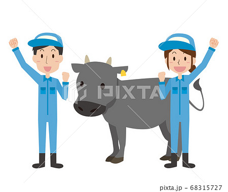 畜産家の男女と肉牛のイラスト素材