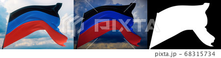 Waving flags of the world - flag of Donetsk People's Republic. Set of 2 flags and alpha matte image. Very high quality mask. High resolution for professional composition. 3D illustration. 68315734