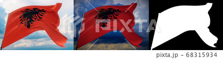 Waving flags of the world - flag of Albania. Set of 2 flags and alpha matte image. Very high quality mask without unwanted edge. High resolution for professional composition. 3D illustration. Waving flags of the world - flag of Albania. Set of 2 flags and alpha matte image. Very high quality mask without unwanted edge. High resolution for professional composition. 3D illustration. 68315934