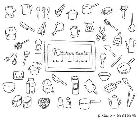 手書きの調理器具のイラストのセット キッチン 道具 おしゃれ 料理のイラスト素材