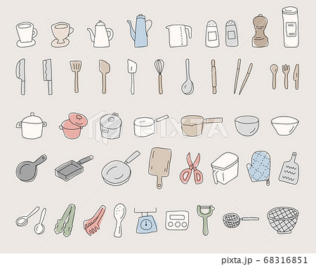 手書きの調理器具のイラストのセット キッチン 道具 おしゃれ 料理のイラスト素材