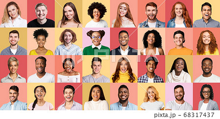 Set Of Multiethnic People Emotional Portraits Over Colored Backgrounds 68317437