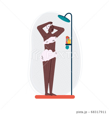 Woman soaping her hair and body in shower, flat vector illustration isolated. 68317911