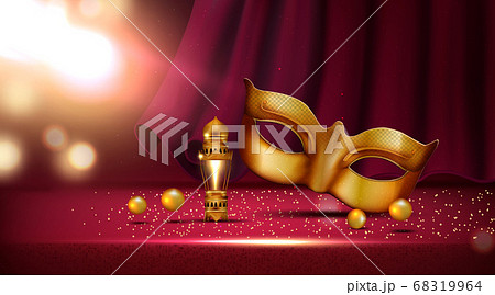 lantern and golden mask at mardi gras parade banner rose and feather near colombina mask 68319964