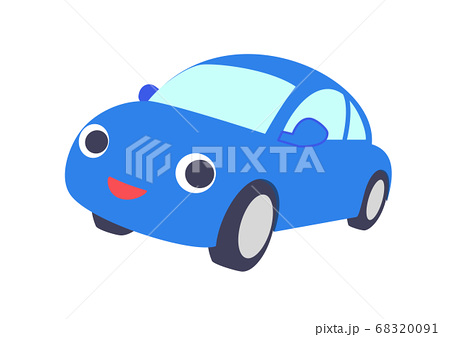 顔のついた青い車のかわいいイラスト 斜め向きのイラスト素材 6091