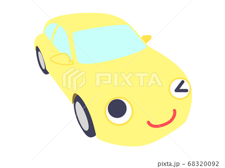顔のついた黄色の車を斜め上から描いたイラストのイラスト素材 6092