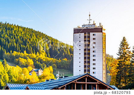 Modern high building in the centre of Pec pod Snezkou in Giant Mountains, Krkonose National Park, Czech Republic Modern high building in the centre of Pec pod Snezkou in Giant Mountains, Krkonose National Park, Czech Republic 68320793