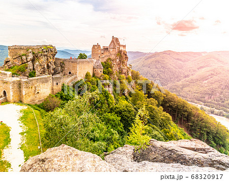 Aggstein Castle ruins above Danube River in Wachau Valley, Austria. Sunset time Aggstein Castle ruins above Danube River in Wachau Valley, Austria. Sunset time 68320917