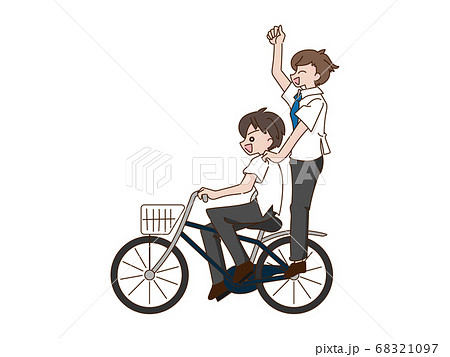 自転車で二人乗りをして悪ふざけをしている学生のイラスト素材