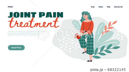 Joint pain treatment banner with woman having pain flat vector illustration. 68322145