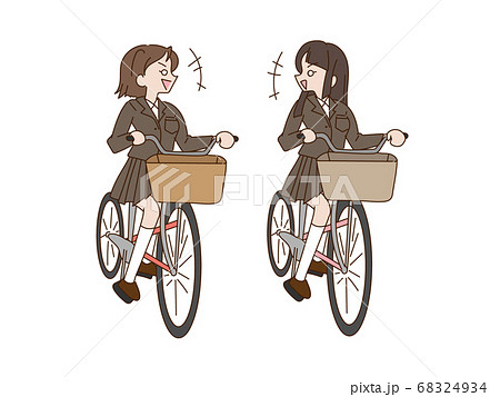 自転車で並んで走行している二人 女子高生のイラスト素材