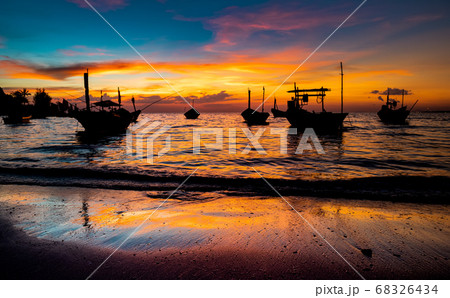 Silhouette of fishery wooden boat. Silhouette of fishery wooden boat. 68326434