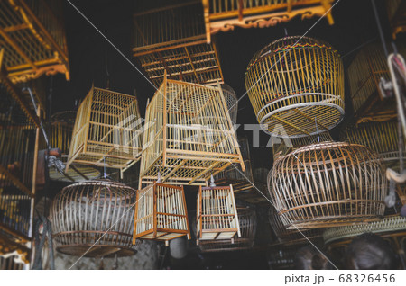 Bamboo basketry bird cage stock. 68326456