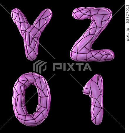 Realistic 3D letters set Y, Z, 0, 1 made of low poly style. Collection symbols of low poly style pink color plastic isolated on black background Realistic 3D letters set Y, Z, 0, 1 made of low poly style. Collection symbols of low poly style pink color plastic isolated on black background 68327013
