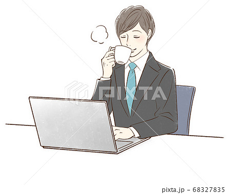パソコンの前でコーヒーを飲む男性のイラスト素材 6275