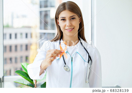 Woman With Ribbon Breast Cancer Awareness Concept 68328139