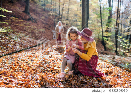 Small girl with mother and grandmother on a walk in autumn forest. 68329349