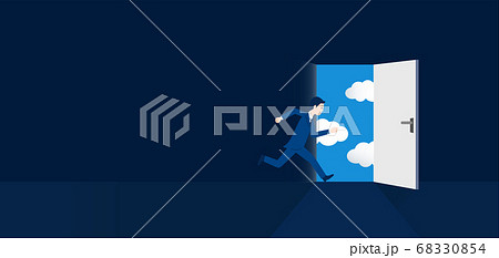 出口のドアへ向けて走る 脱出する男性のイメージ ベクターイラストレーションのイラスト素材