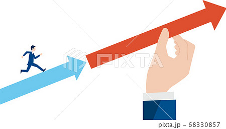 走る男性を矢印でサポートする大きな手 ビジネスサポートのイメージのイラスト素材