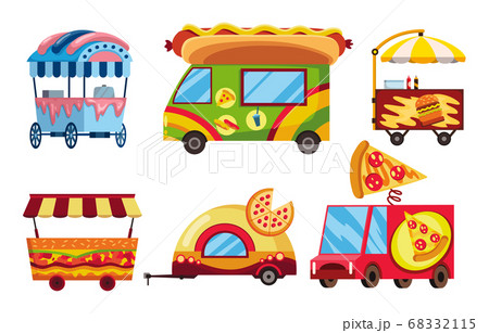 Street Fast Food Set Of Mobile Food Cars のイラスト素材