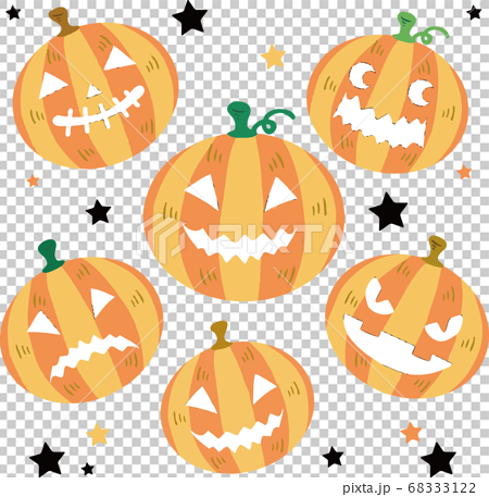 ハロウィン 秋 かぼちゃ おばけ 顔 手描きタッチ イラストセットのイラスト素材