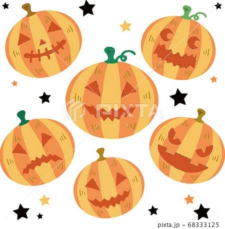 ハロウィン 秋 かぼちゃ おばけ 顔 手描きタッチ イラストセットのイラスト素材